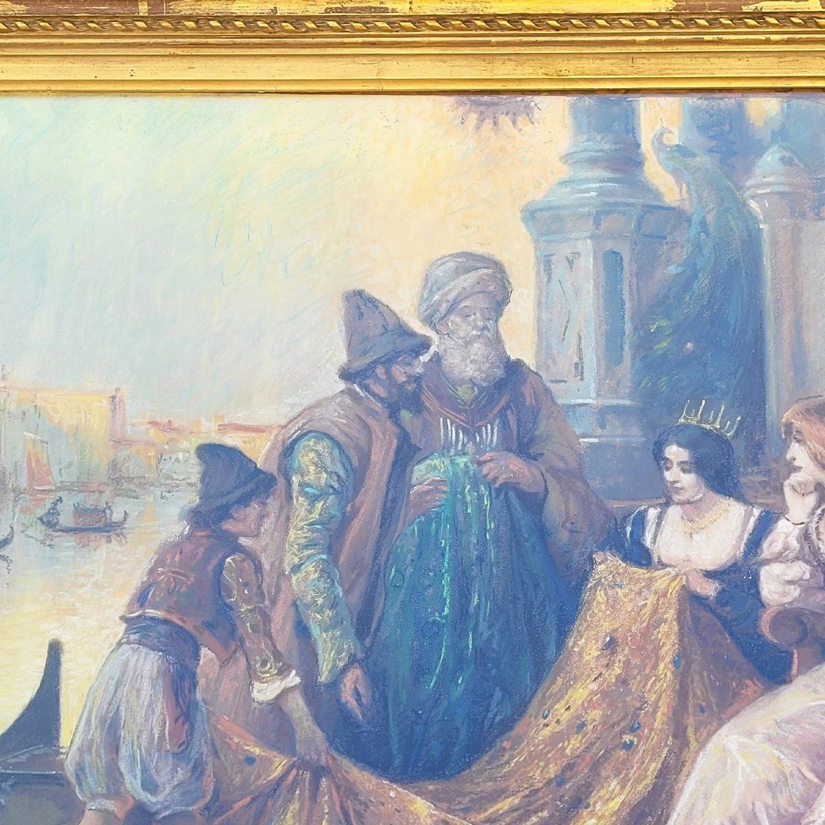 Fabric Merchants In Venice, Framed Pastel, Early 20th Century photo for sale