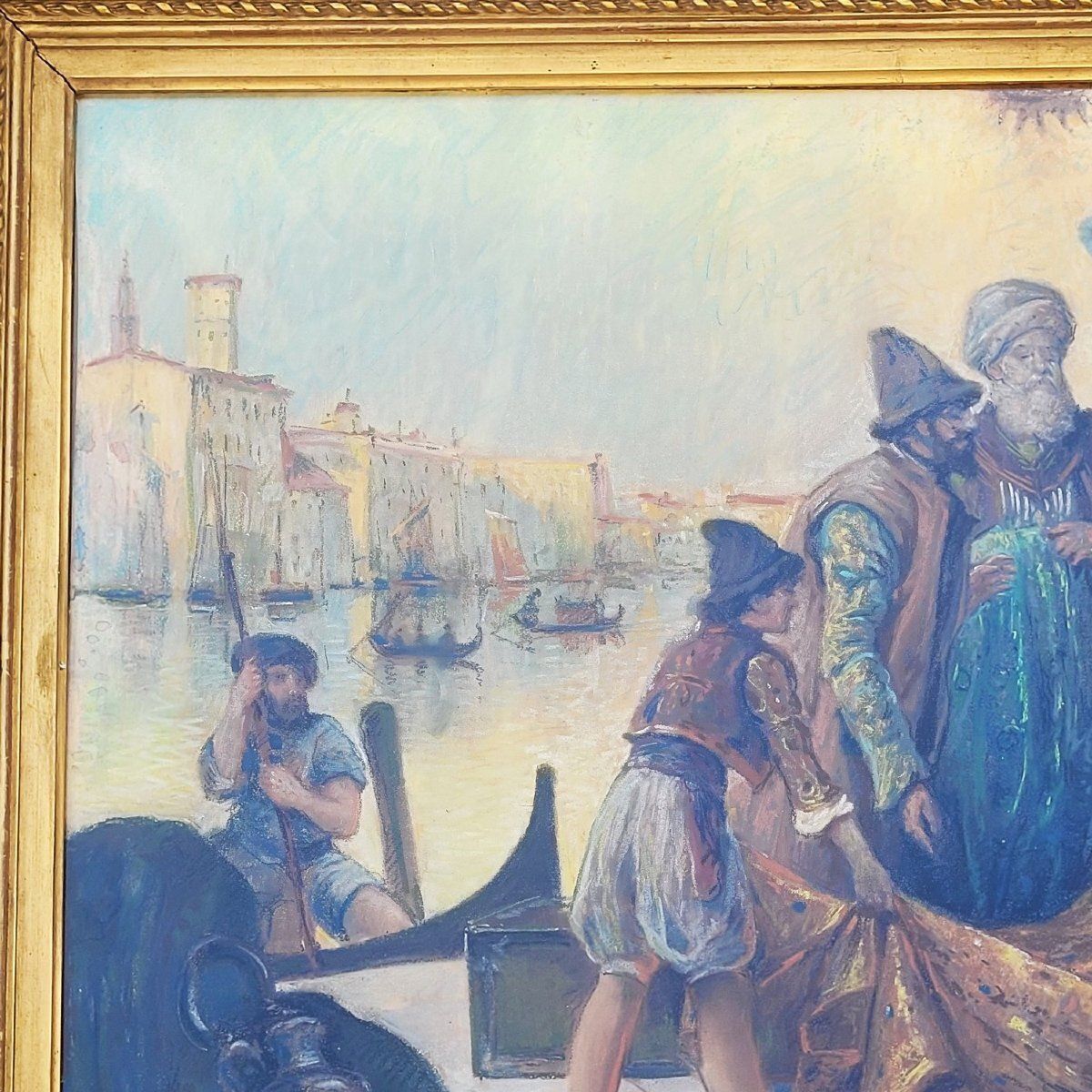Fabric Merchants In Venice, Framed Pastel, Early 20th Century photo vinterior
