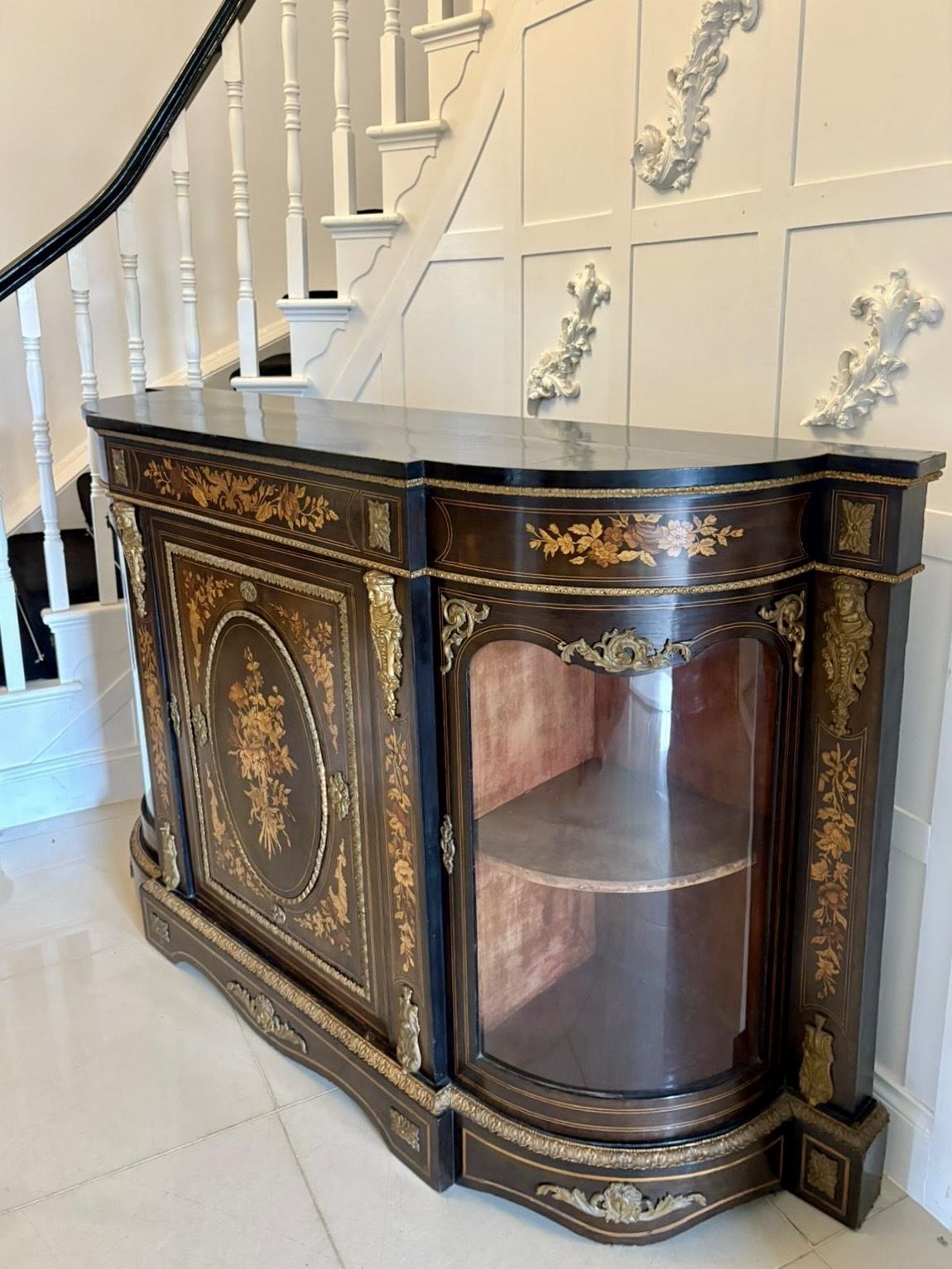 Outstanding Quality Antique 19th Century Ebonised And Inlaid Floral Marquetry Credenza photo vinterior