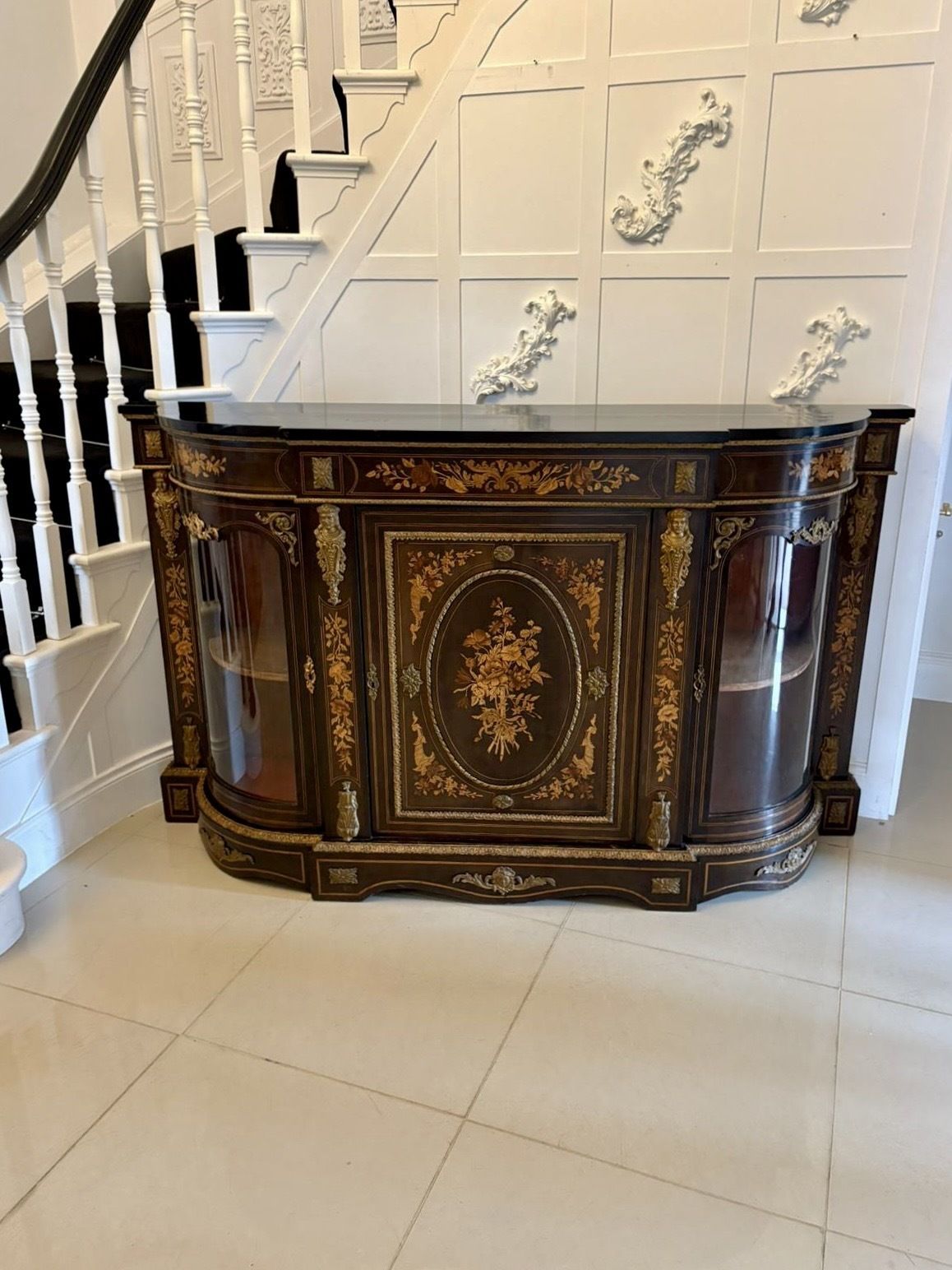 Outstanding Quality Antique 19th Century Ebonised And Inlaid Floral Marquetry Credenza