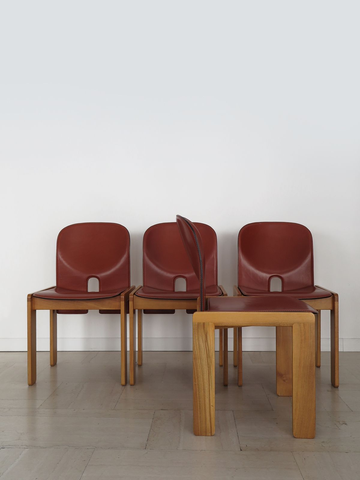 Afra Tobia Scarpa Cassina Midcentury Leather Wood Dining Chairs, Italy 1960s photo for sale