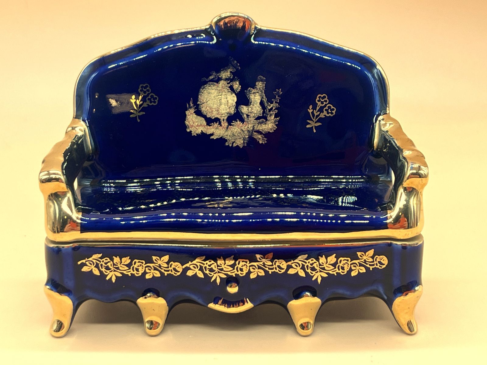 Set Of Limoges Porcelain Cobalt & Gold Sofa And 2 Chairtrinket / Jewelry Boxes. photo for sale
