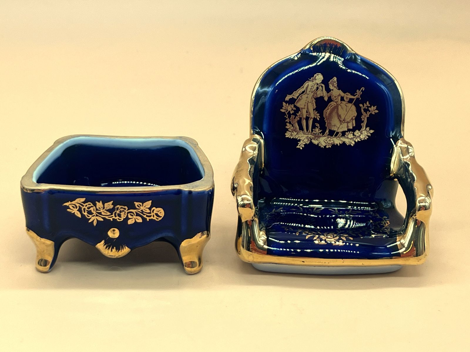 Set Of Limoges Porcelain Cobalt & Gold Sofa And 2 Chairtrinket / Jewelry Boxes. photo buy