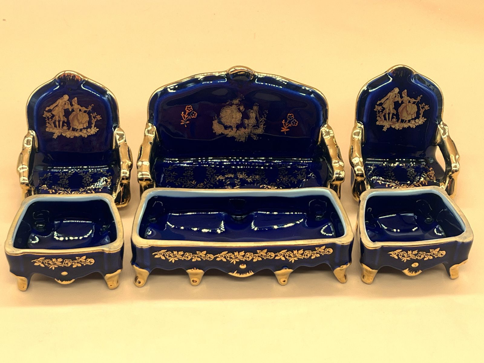 95.0 Set Of Limoges Porcelain Cobalt & Gold Sofa And 2 Chairtrinket / Jewelry Boxes. photo