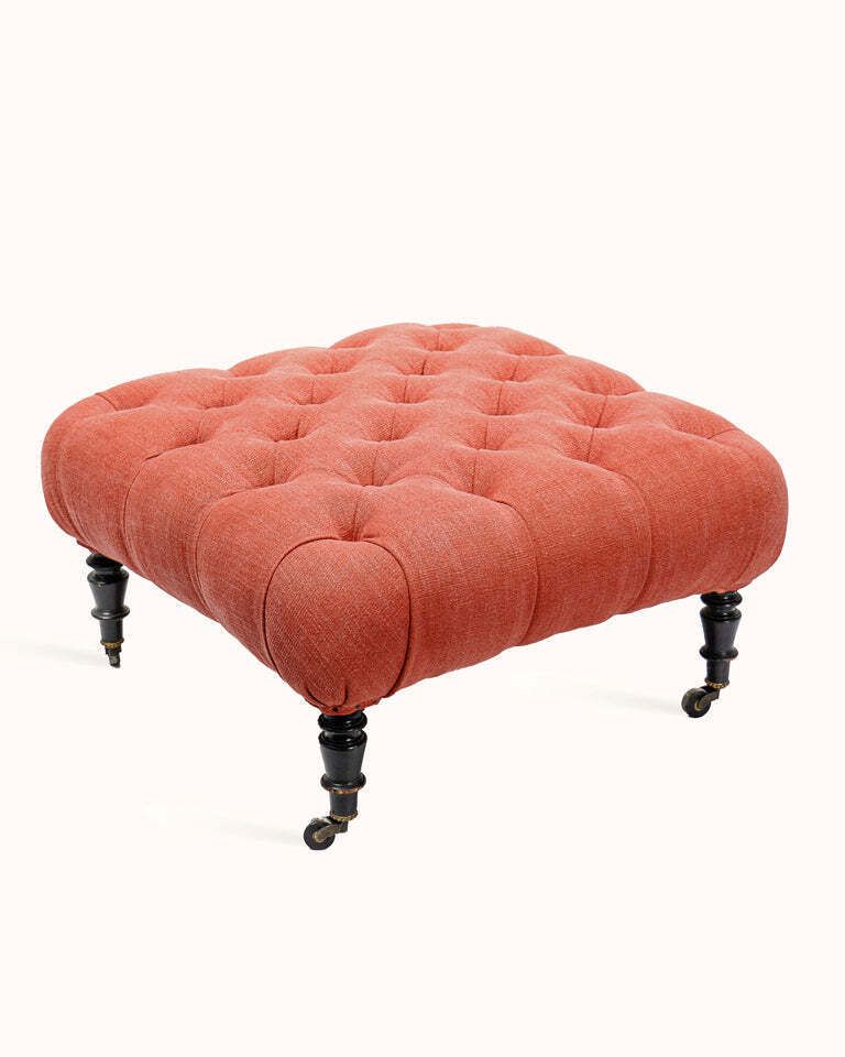 Napoleon III Coral Linen Salon Chair & Tufted Footstool photo for sale