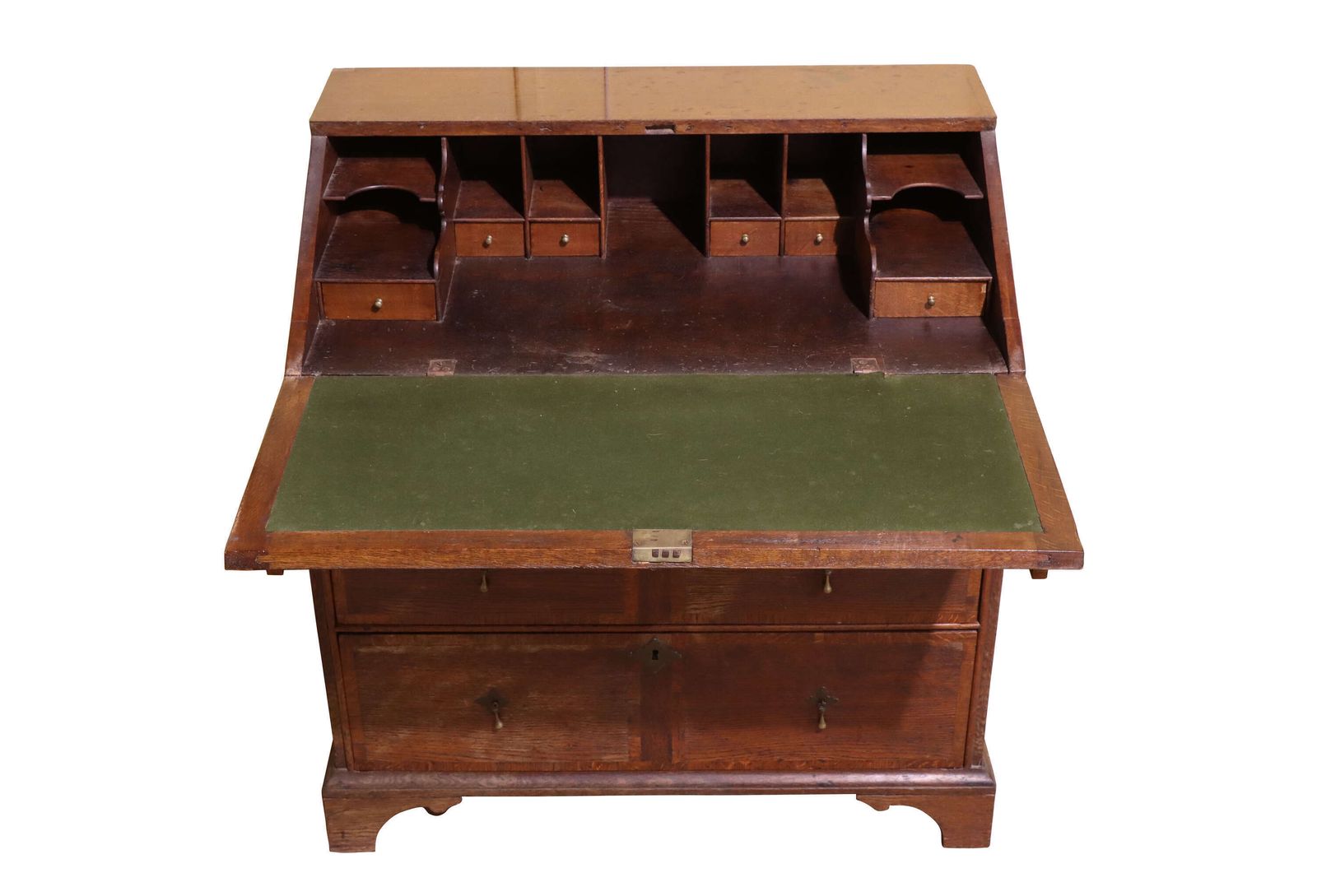 A Fine 18th Century Crossbanded Oak Bureau With Stepped Interior & Secret Drawers photo for sale