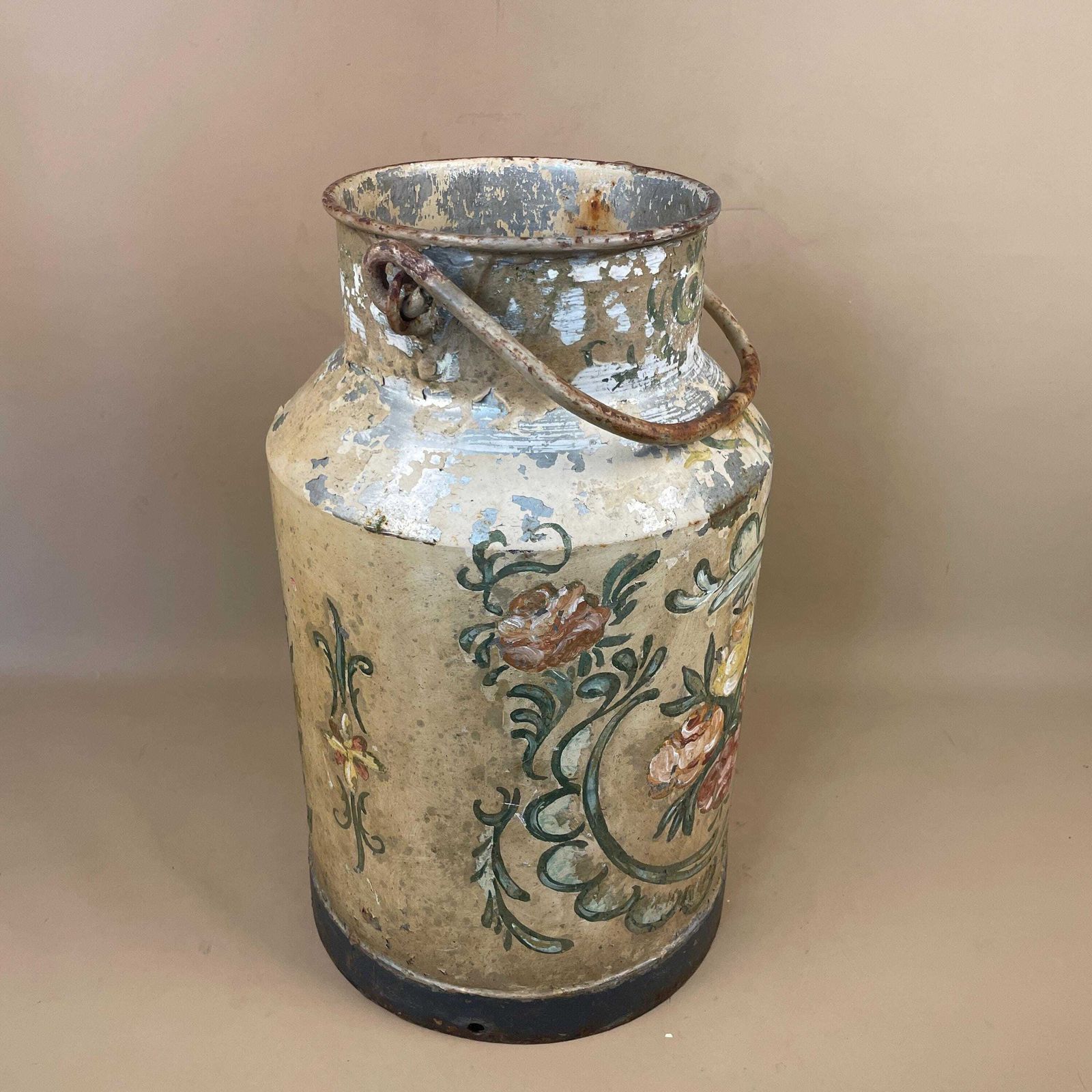 Antique Metal Milk Churn Hand Painted Floral Pattern Vintage Planter Pot Weathered Garden Outdoor Plant Holder Patterned Original Heavy Old photo Garden Decor