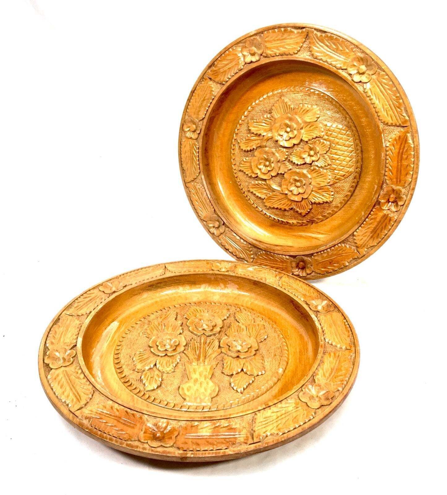 Vintage Hand Carved Pair Wooden Bread Platter Plate / Bowl Acanthus Leaf Edge