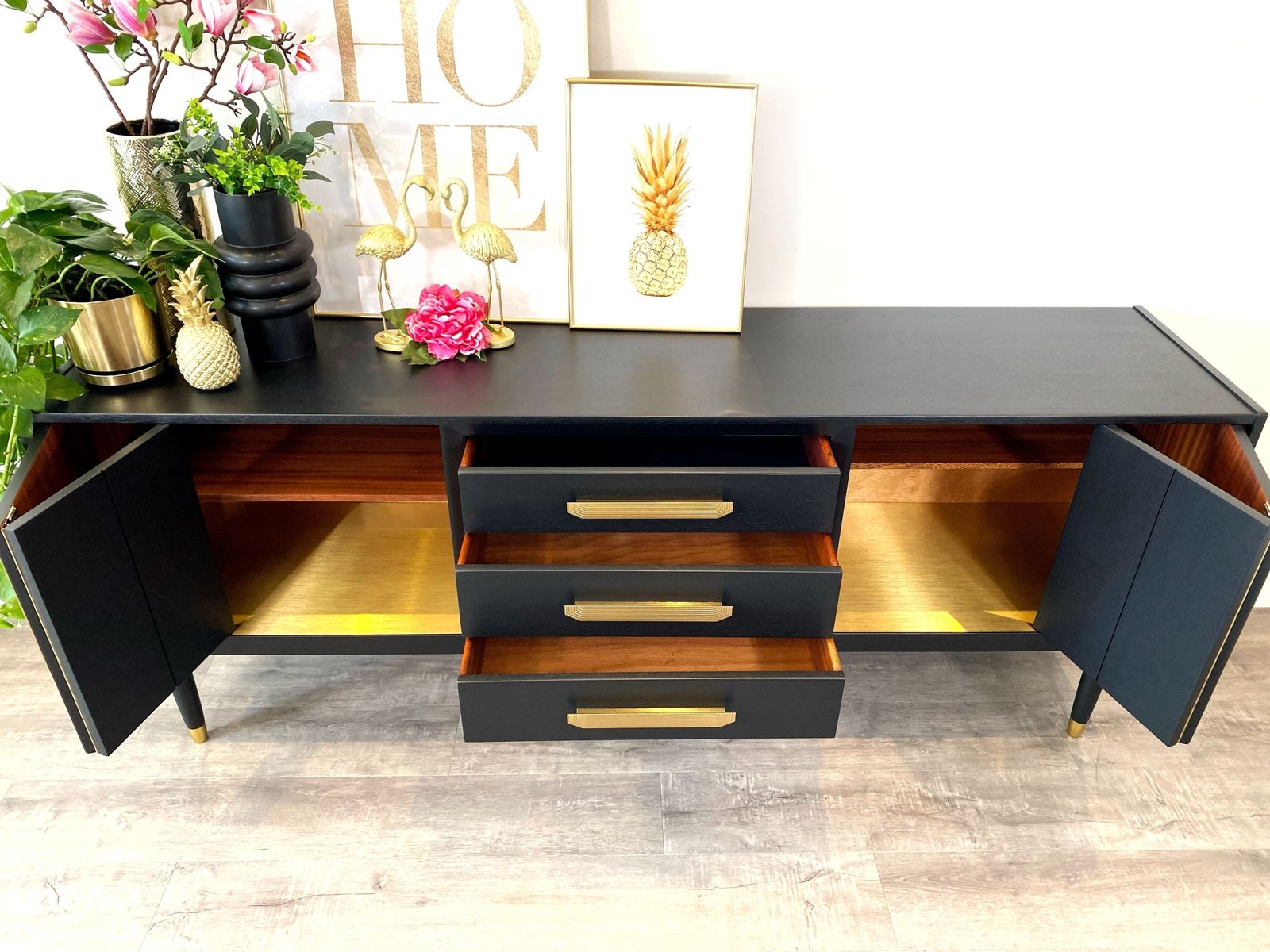 Mid Century Modern G Plan Sideboard Painted Black With Gold Handles photo for sale
