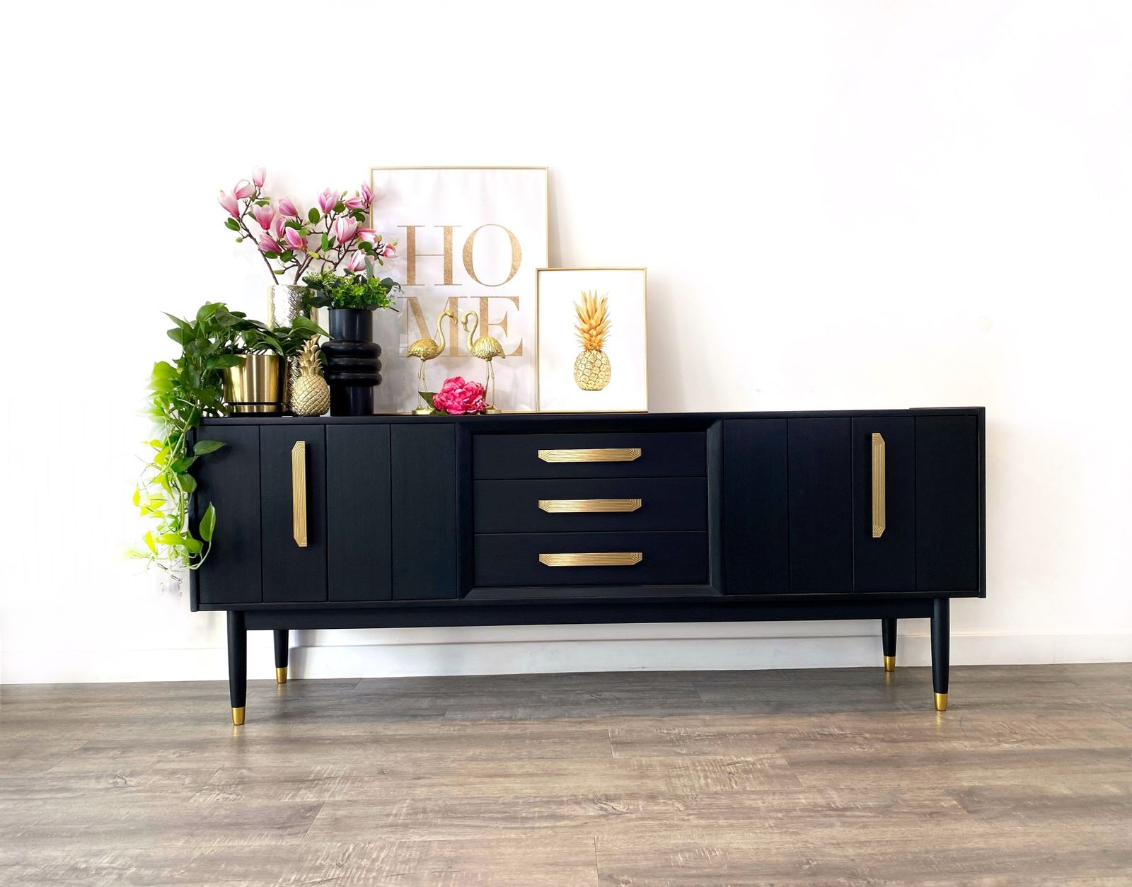 1395.0 Mid Century Modern G Plan Sideboard Painted Black With Gold Handles photo