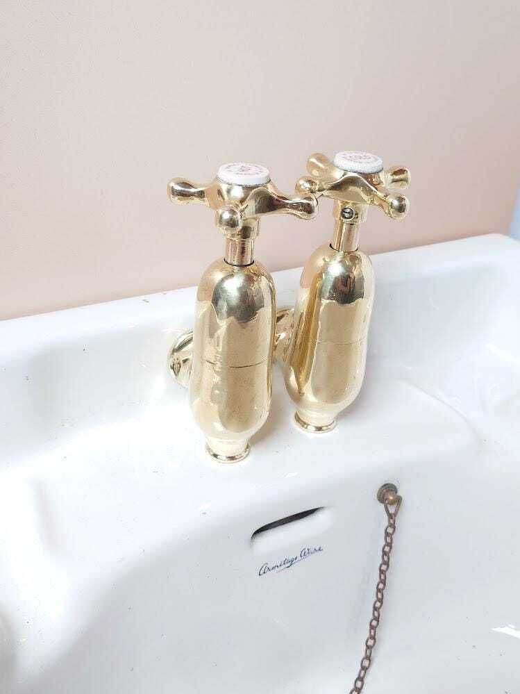 Antique Brass Bottle Bath Faucet Taps Pair, Overhauled Ready To Fit, Vintage Polished Brass Globe Taps photo 250.0