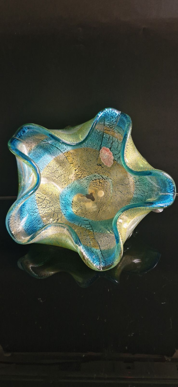 Mid Century Large Murano Glass Centerpiece With Gold And Silver Leaves photo vintage