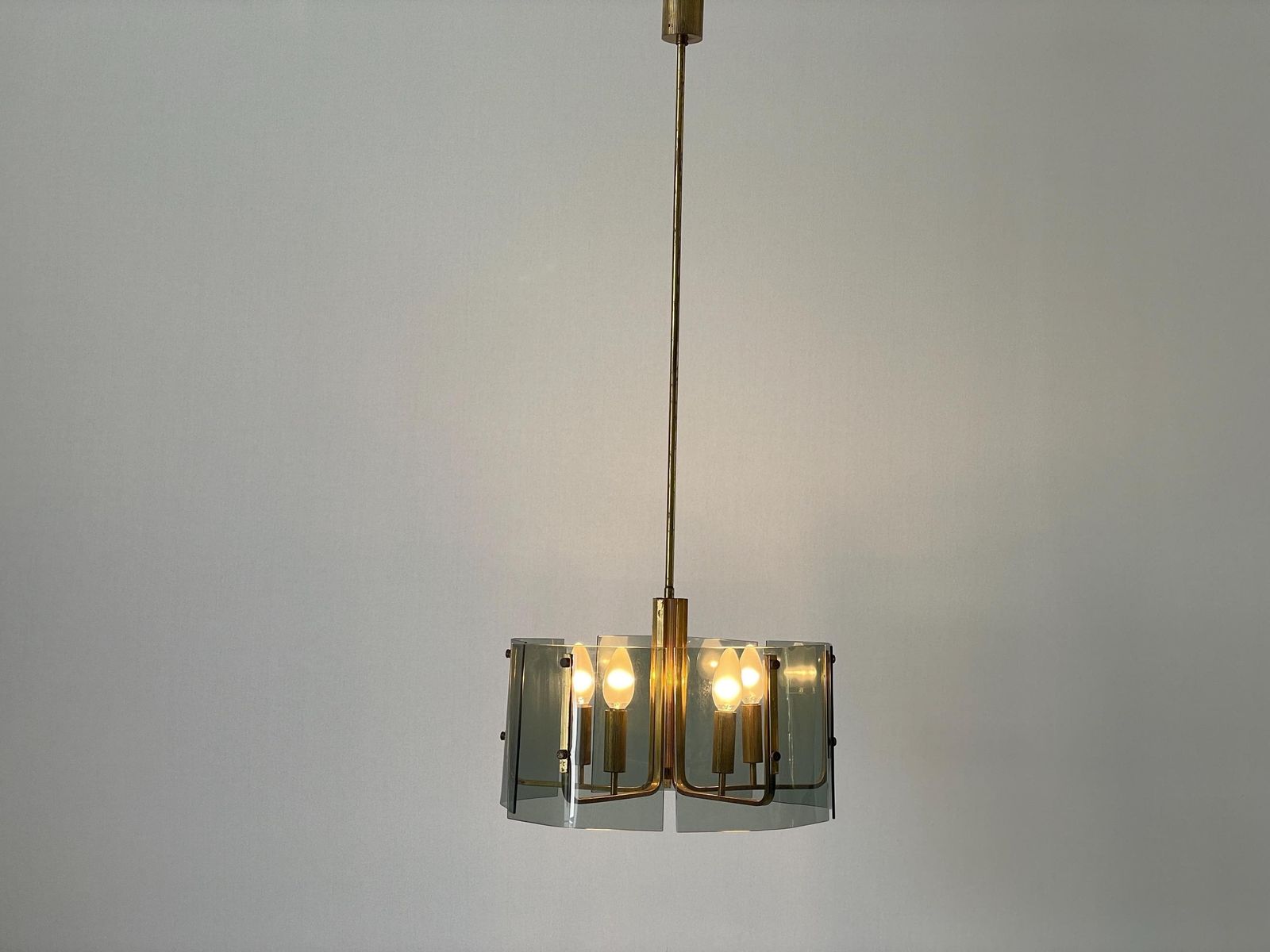 5 Socket Gray Glass & Brass Body Chandelier, 1960s, Italy
