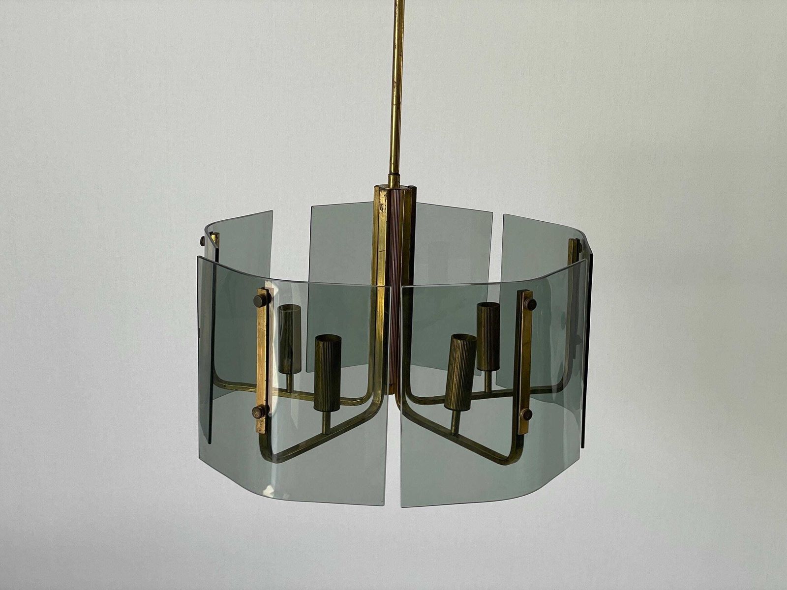5 Socket Gray Glass & Brass Body Chandelier, 1960s, Italy photo buy