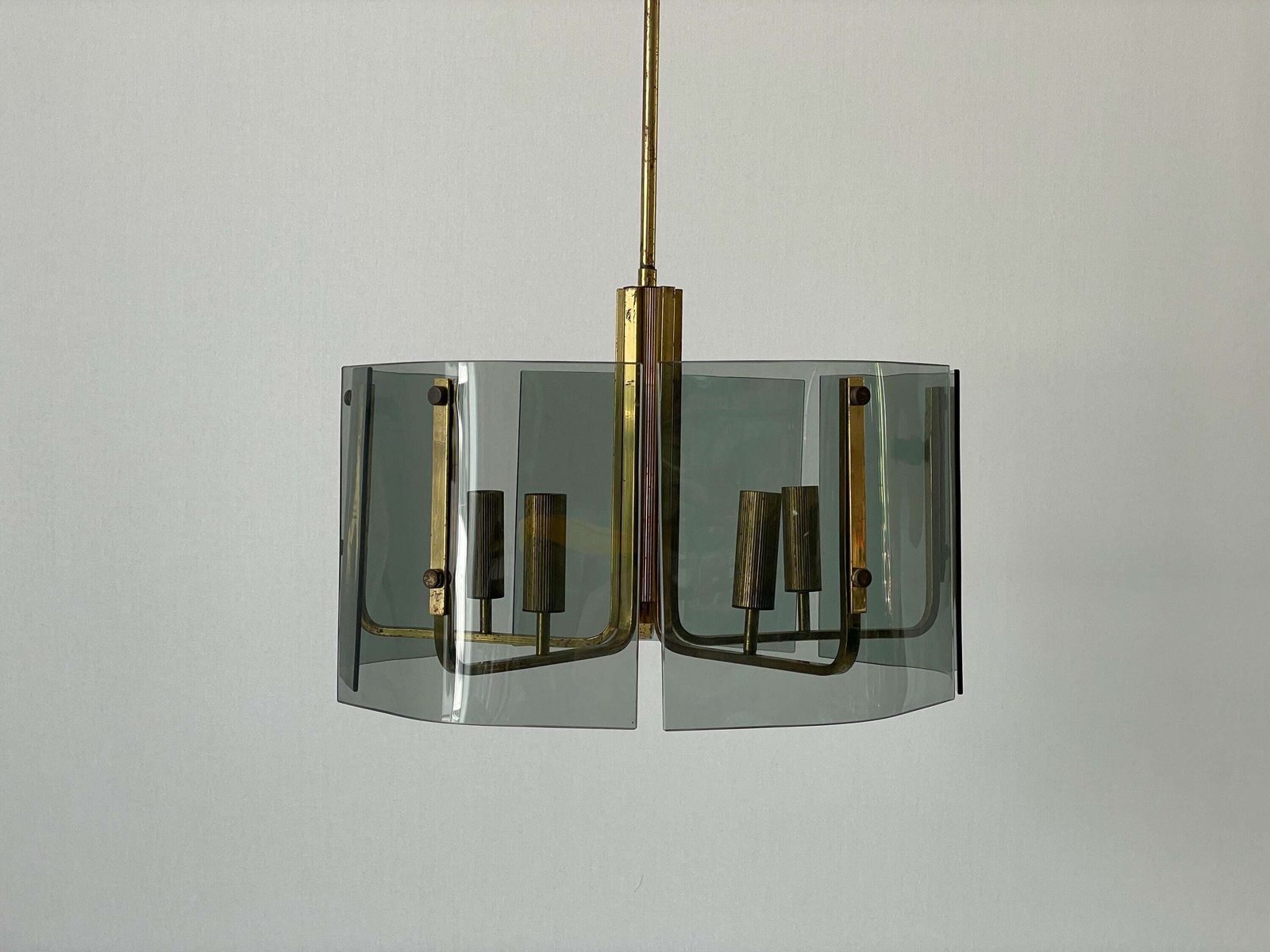 photo furniture 5 Socket Gray Glass & Brass Body Chandelier, 1960s, Italy