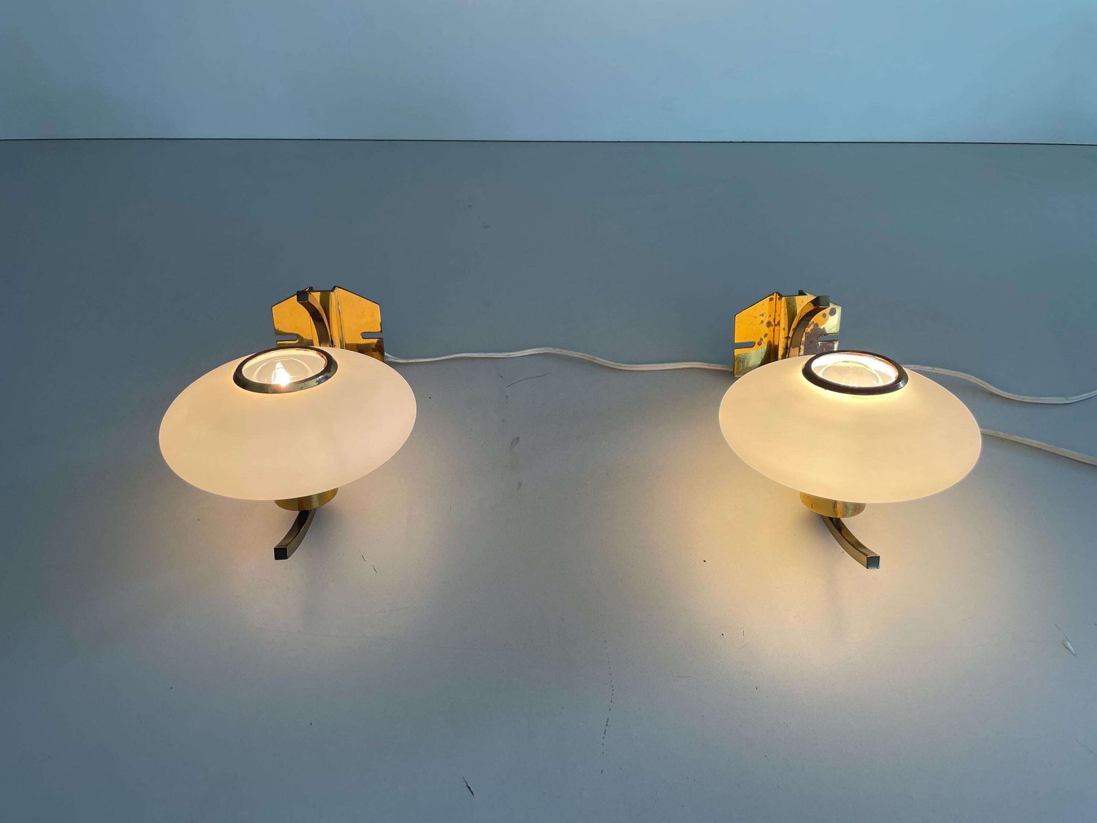 Mid Century Modern Brass And Glass Pair Of Sconces In The Style Of Stilnovo, 1960s, Italy photo Lighting