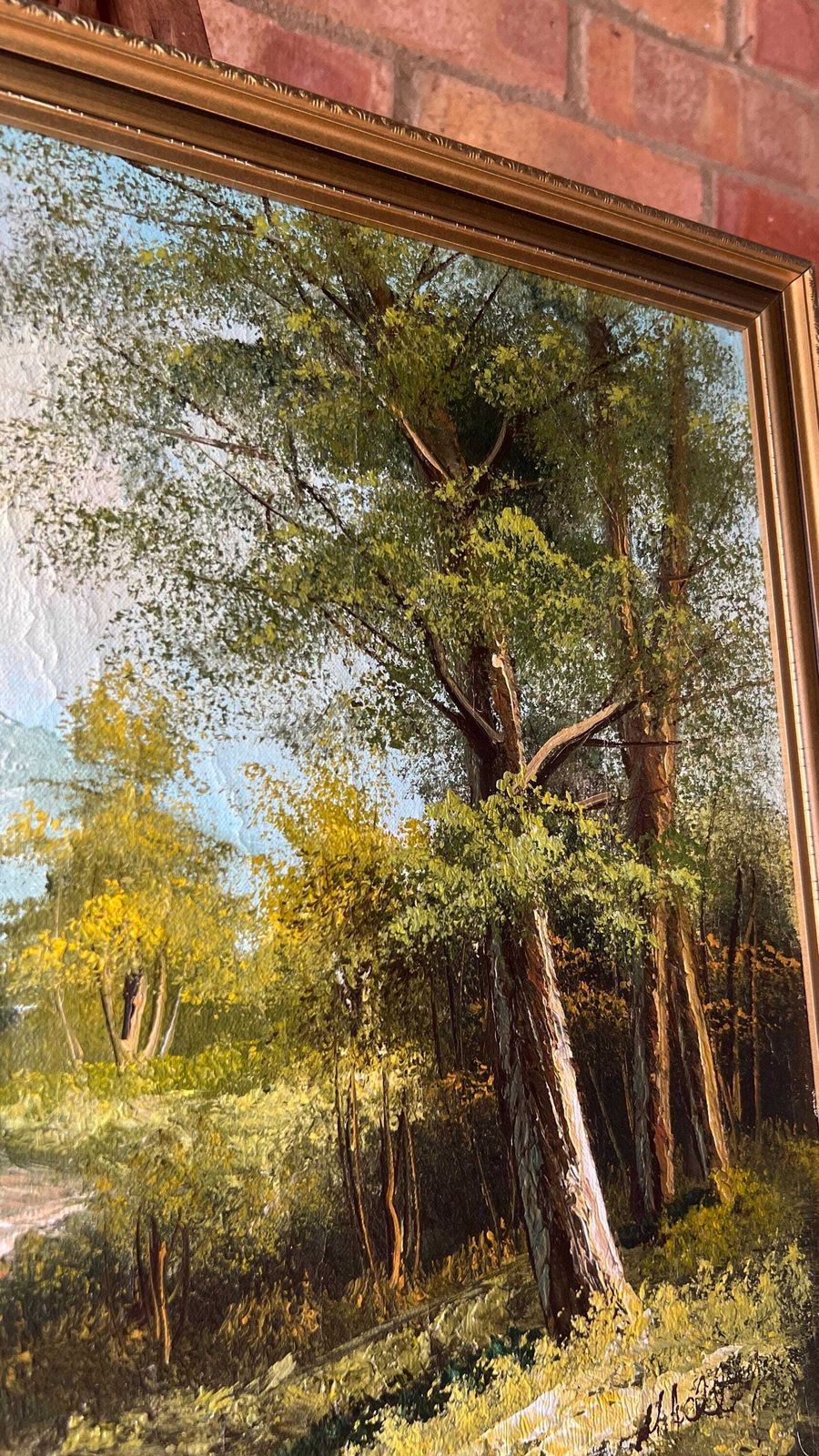 Late 20th Century Framed Oil Painting — Serene Mountain Forest Path Landscape photo Art
