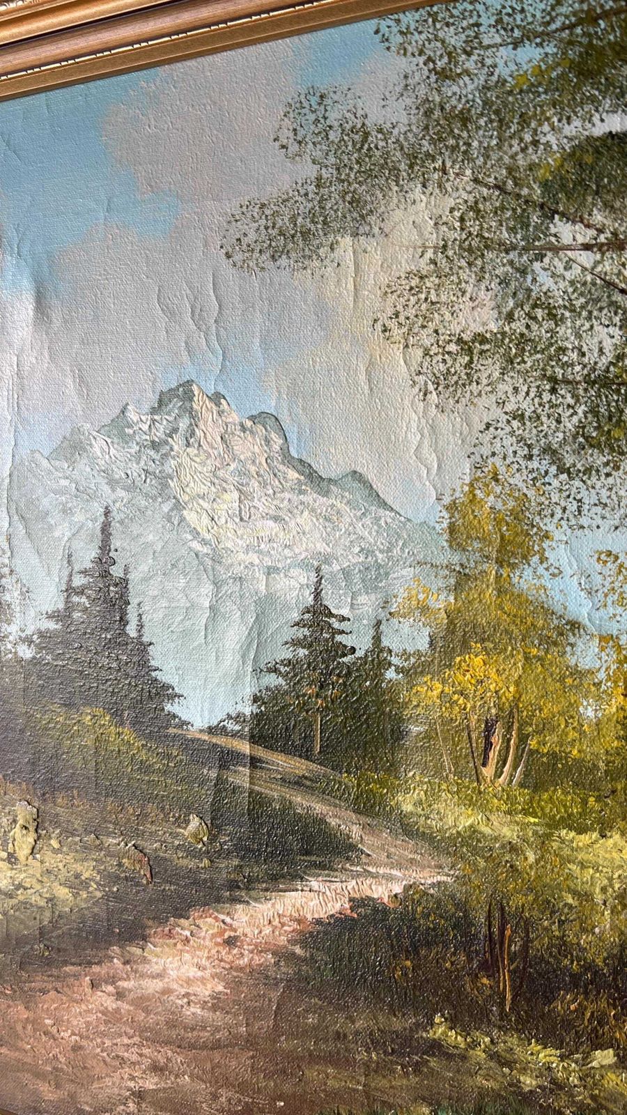 Late 20th Century Framed Oil Painting — Serene Mountain Forest Path Landscape photo buy