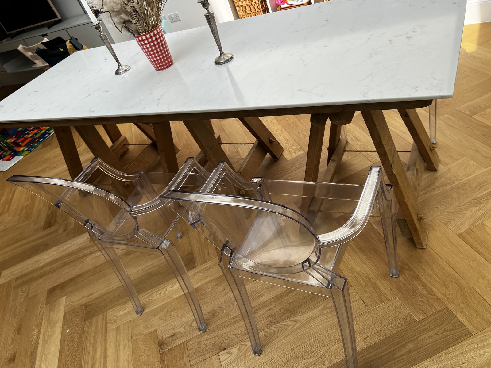 Quartz Top Wooden Trestle Dining Table photo furniture