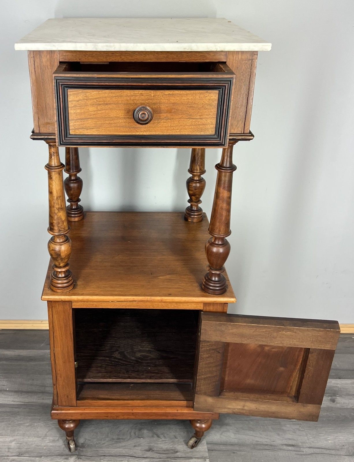 269.0 Bedside Table Antique French Walnut Marble Top Cupboard Cabinet Lot 4043 photo
