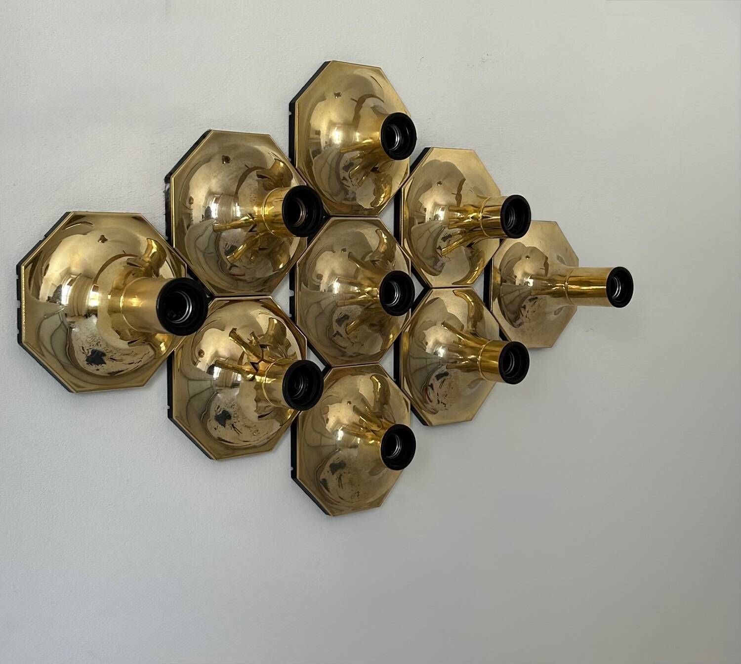 Set Of 9 Brass Wall Lights, Motoko Ishii For Staff Leuchten 1970 photo vintage