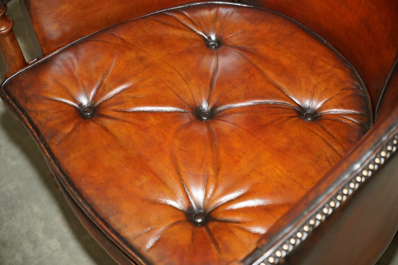 Pair Of Hand Dyed Brown Leather Davenport Barrel Back Chesterfield Armchairs photo buy