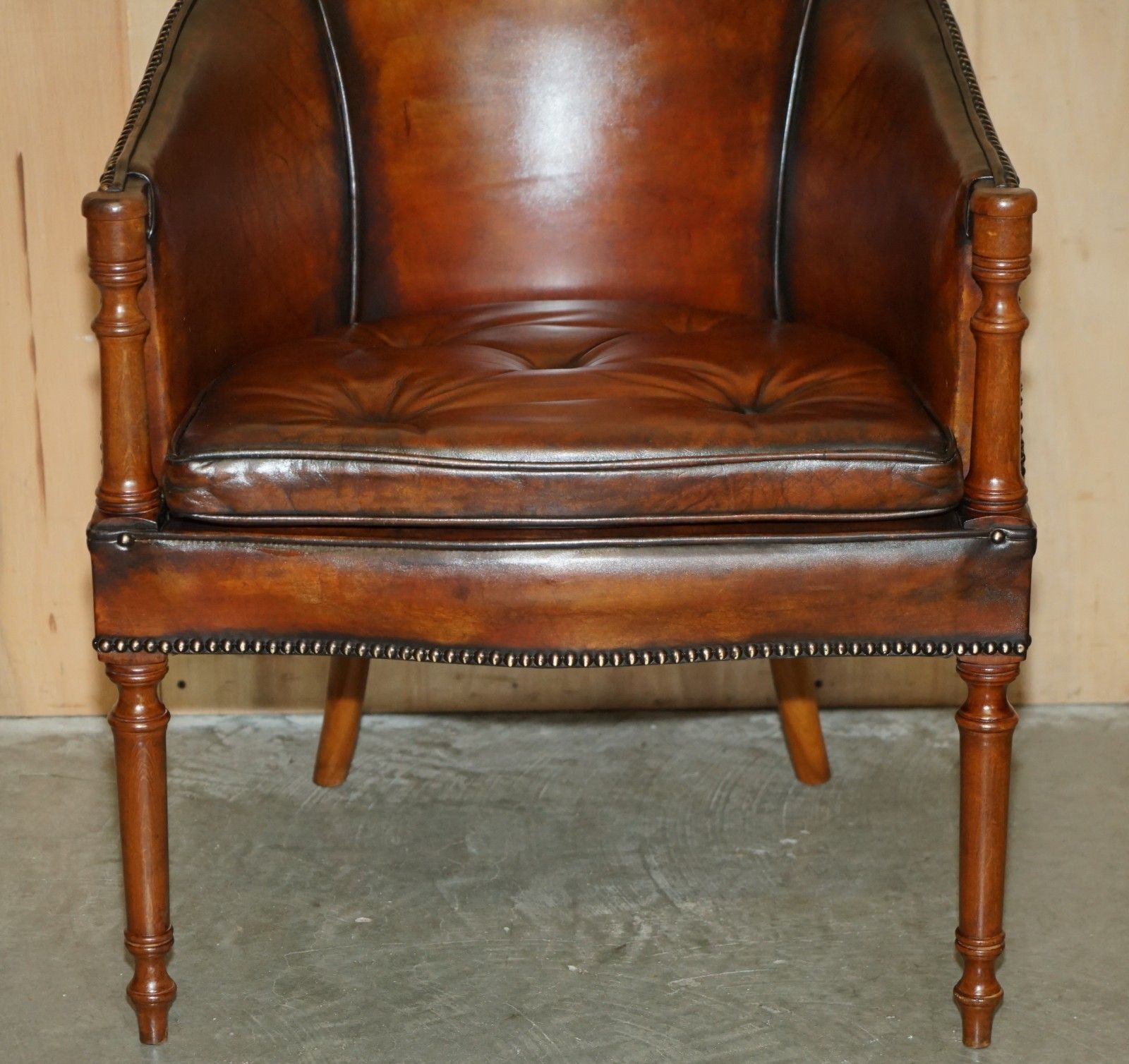 photo for sale Pair Of Hand Dyed Brown Leather Davenport Barrel Back Chesterfield Armchairs