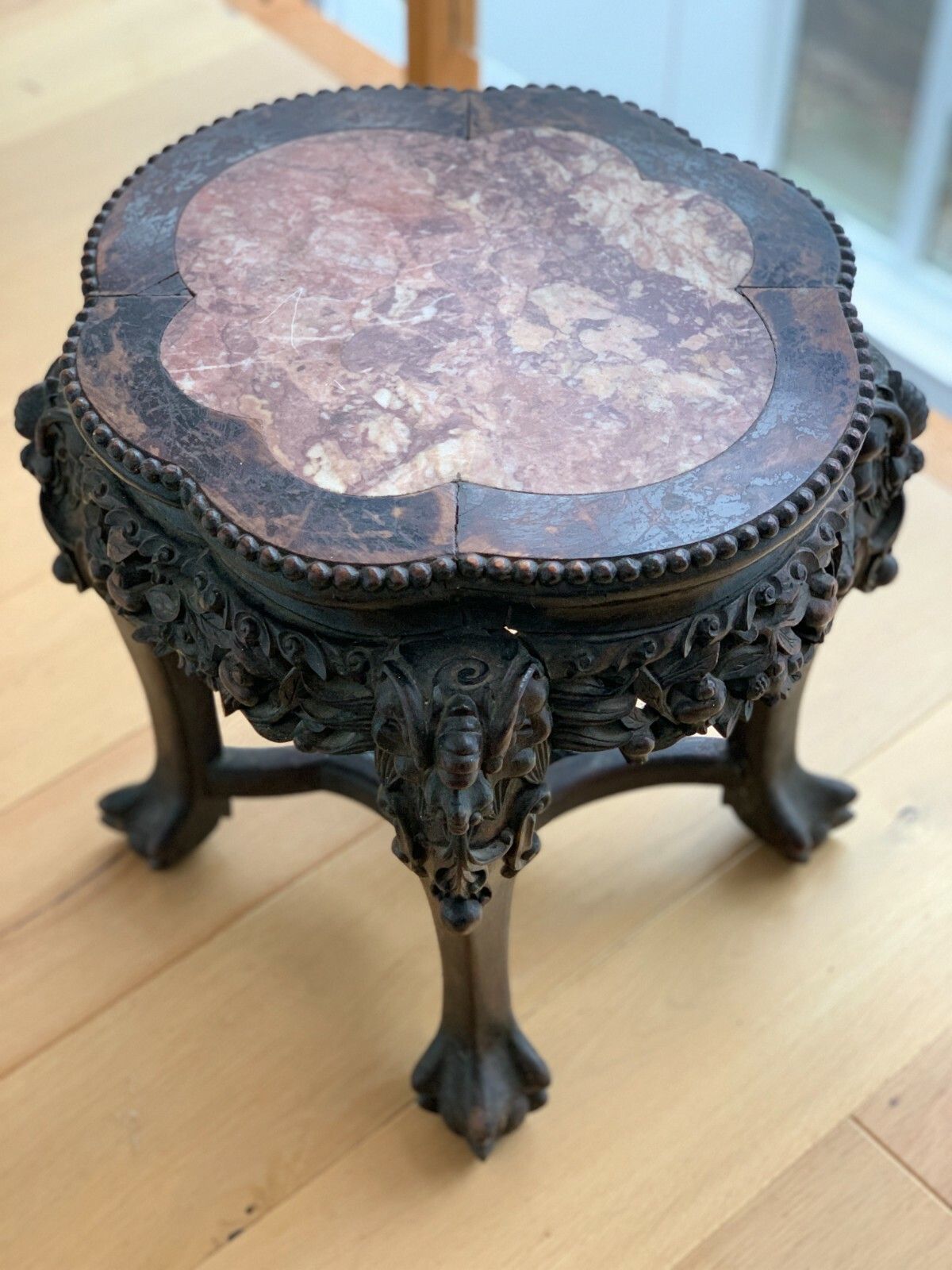 19th Century Oriental Hand Carved Teak Table With Marble Top photo Furniture