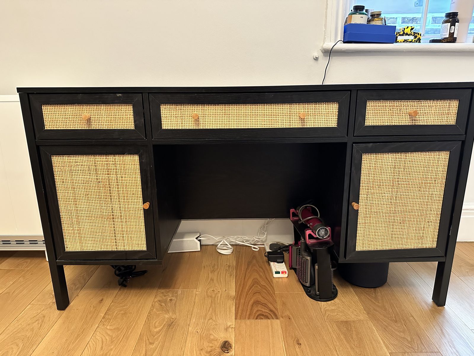 Woven Rattan 3 Drawer Desk, Black photo furniture