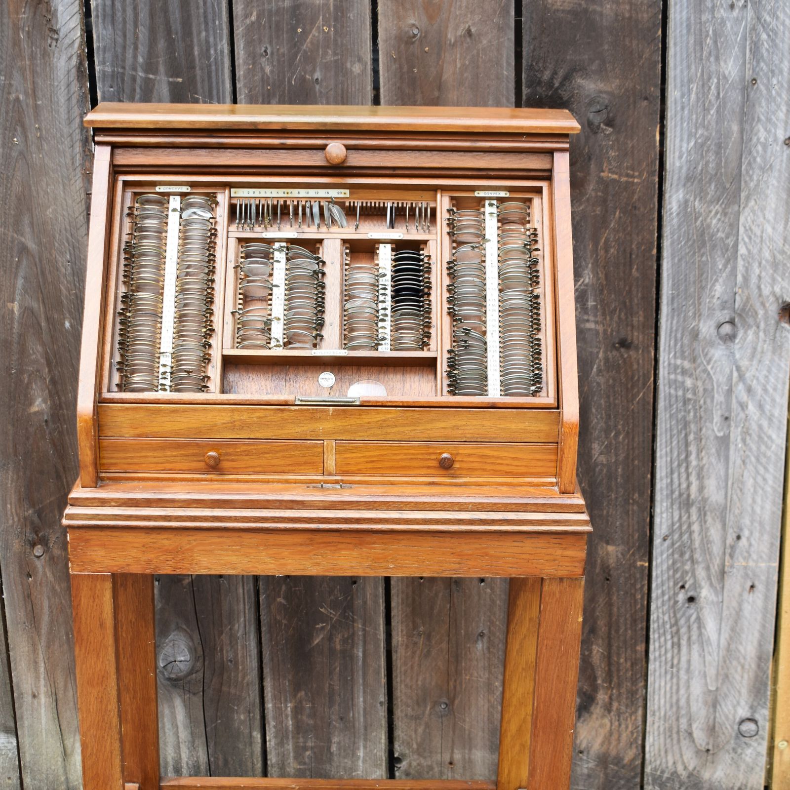 photo for sale Antique 1900s Raphael's London Optometrist Opticians Tambour Fronted Oak Cabinet