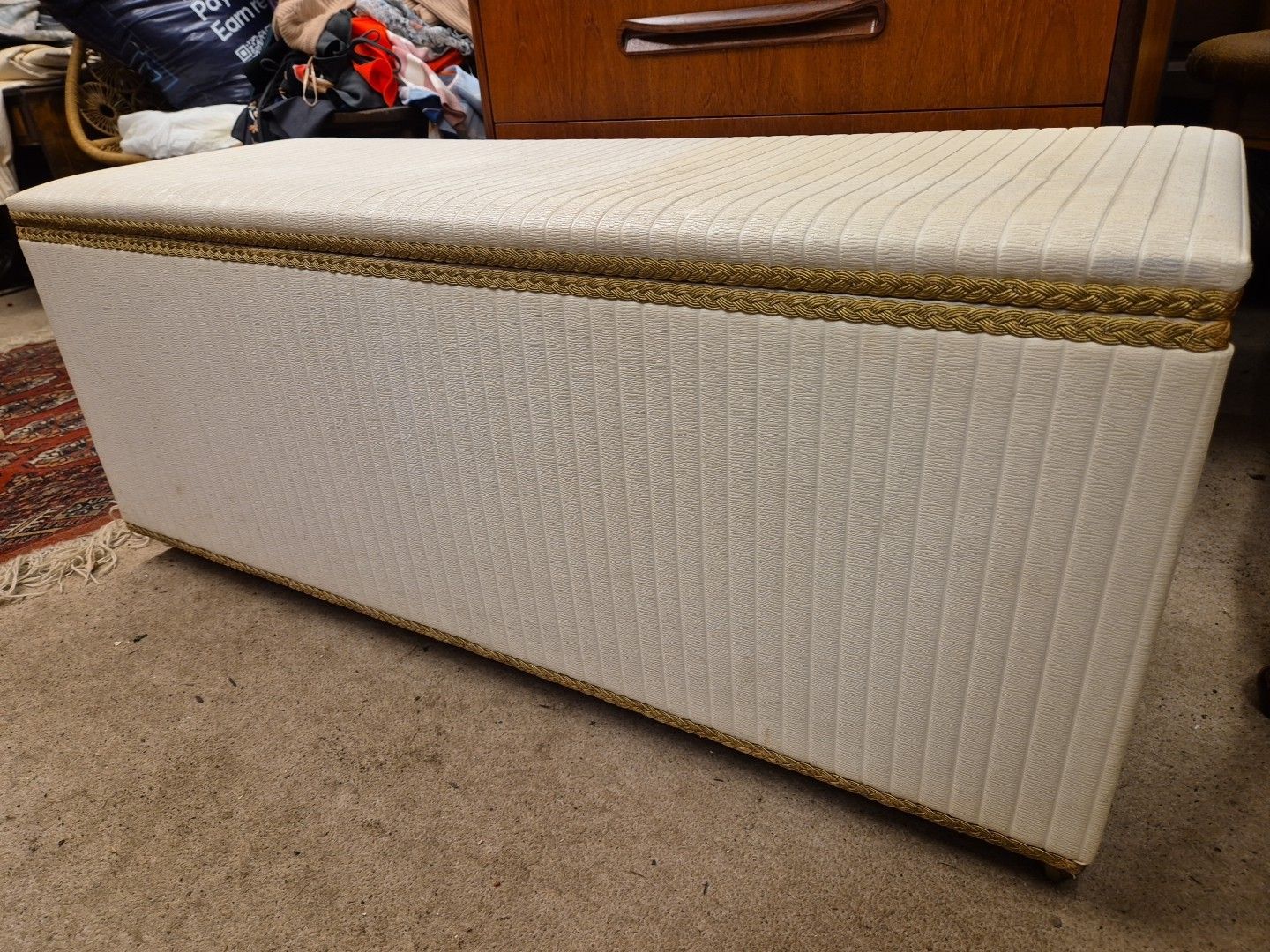 Mid Century, 1970's White Vinyl /Gold Accents Ottoman, Storage Chest, On Castors photo for sale