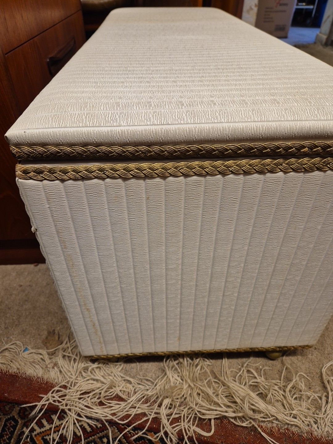 Mid Century, 1970's White Vinyl /Gold Accents Ottoman, Storage Chest, On Castors photo vinterior