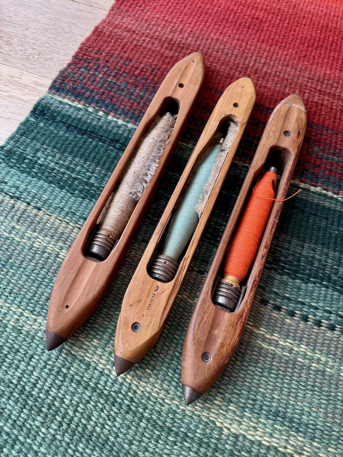 99.0 Set Of 3 Vintage French Heuchel Wooden Boat Spool/Shuttle/Weaving/Loom Bobbins photo