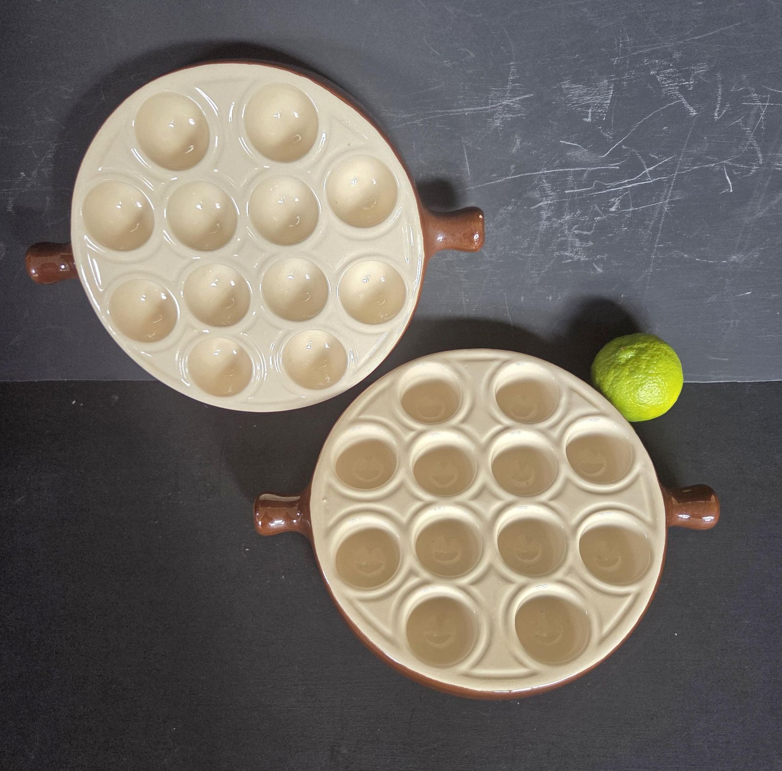 A Vintage Pair Of Emile Henry Heavy Duty Ceramic Escargot Or Snail Plates (Holds 12 Escargot), France, 1980s photo for sale