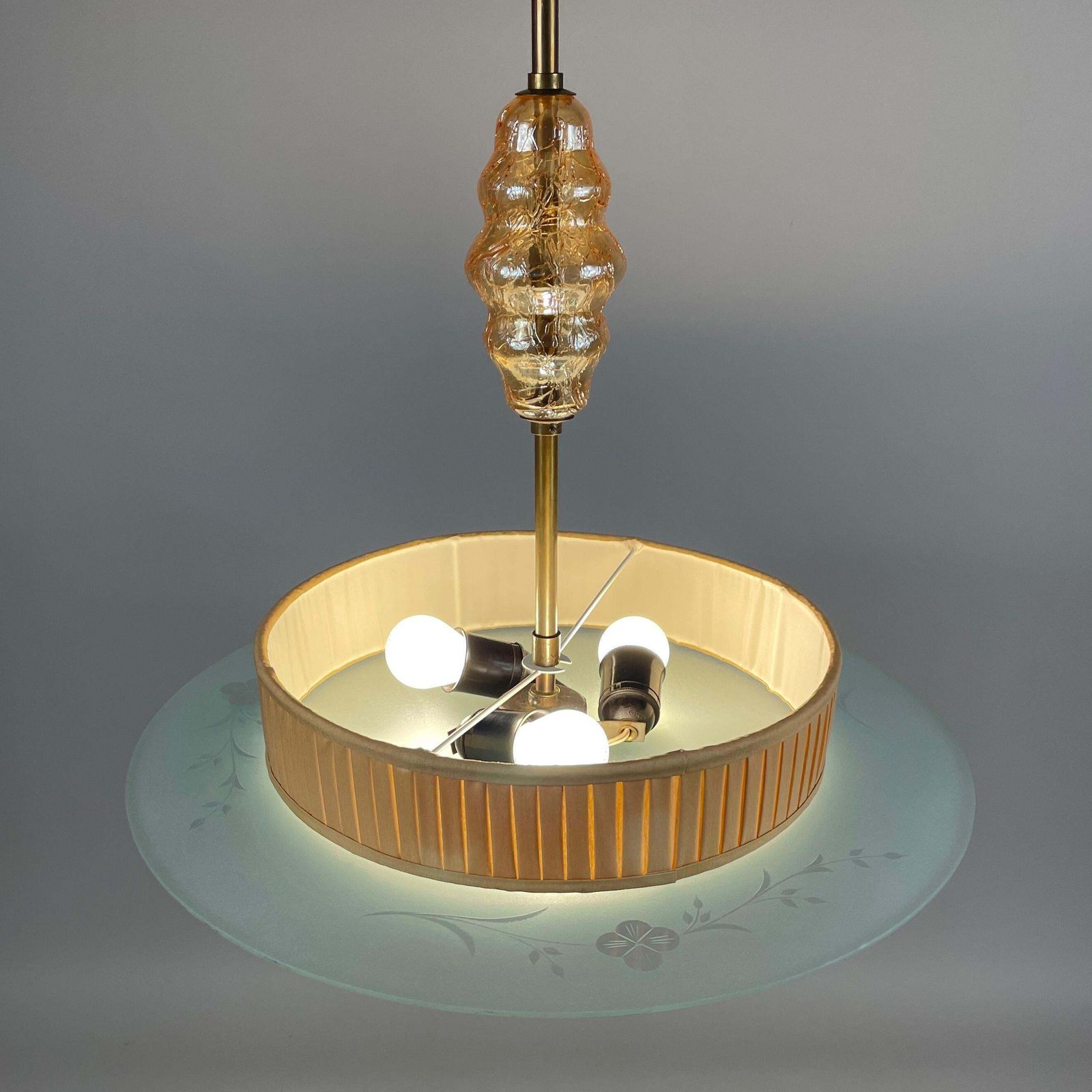 Art Deco Pendant Lamp Made Of Glass, Brass And Fabric, Sweden 1930s photo vintage