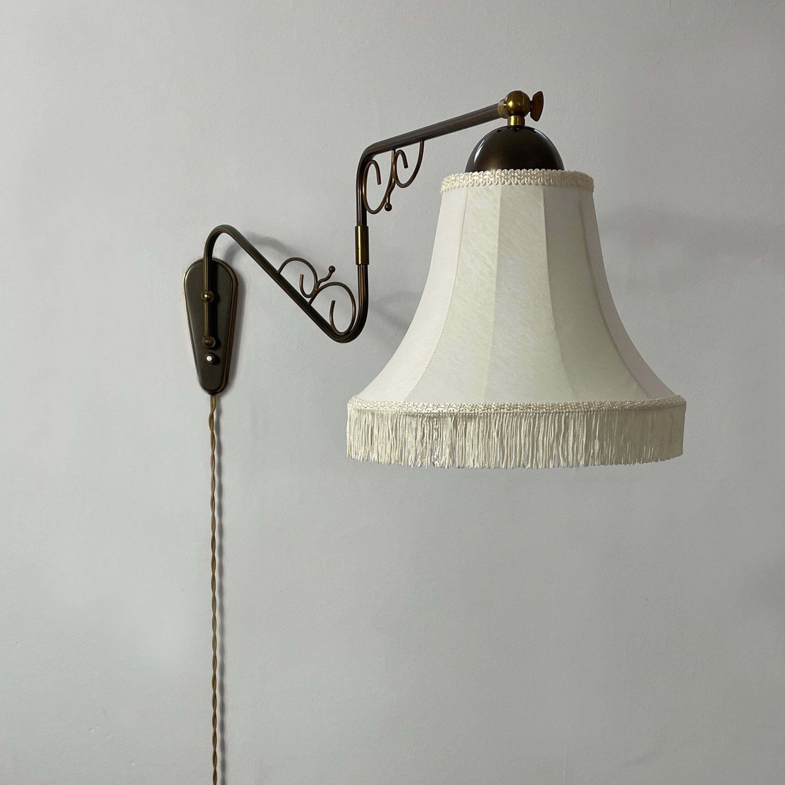 photo buy Brass And Fabric Wall Lamp With Joint, Sweden 1940s