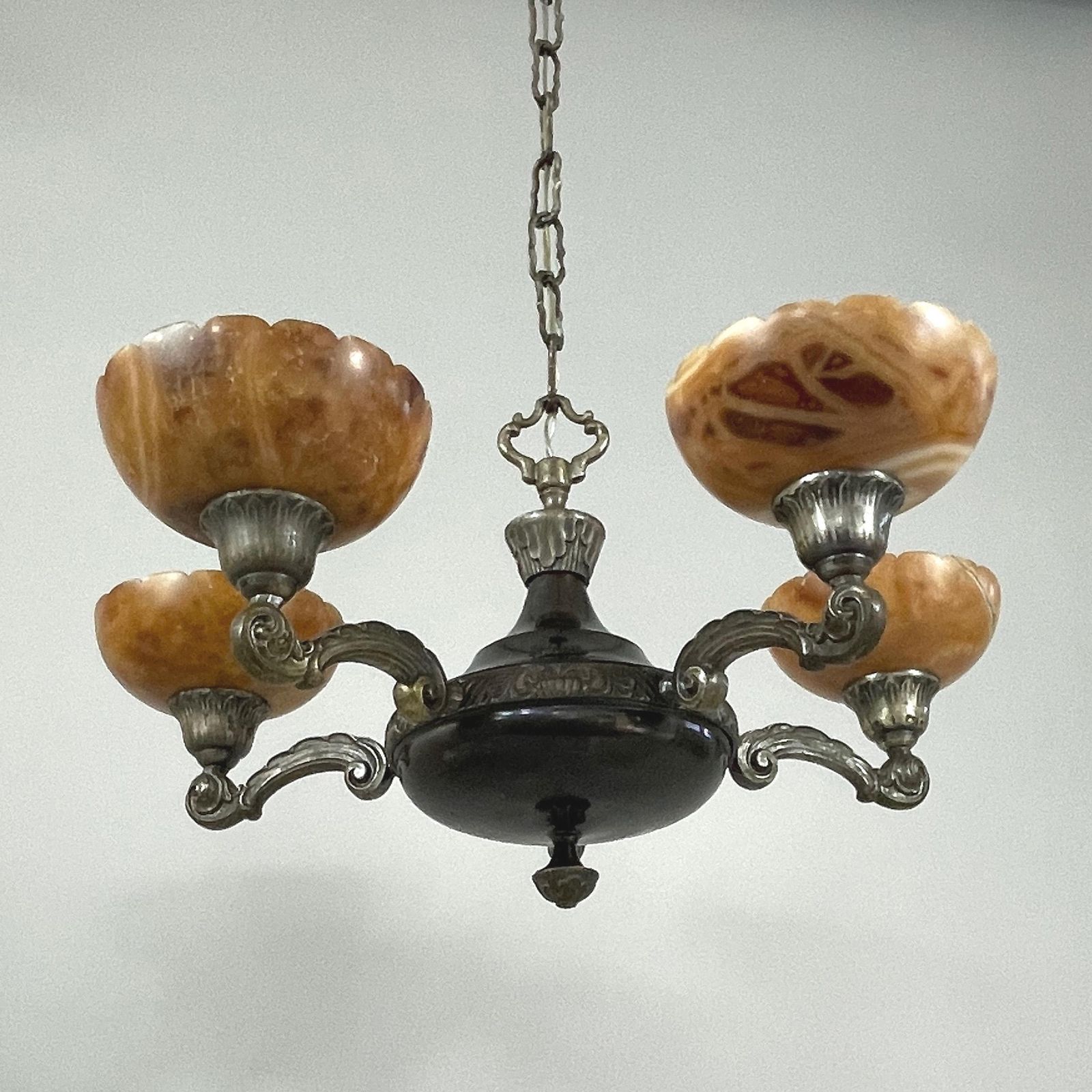 Nickel Plated 5 Light Chandelier Made Of Brass And Alabaster, Sweden 1920s To 1930s photo Lighting