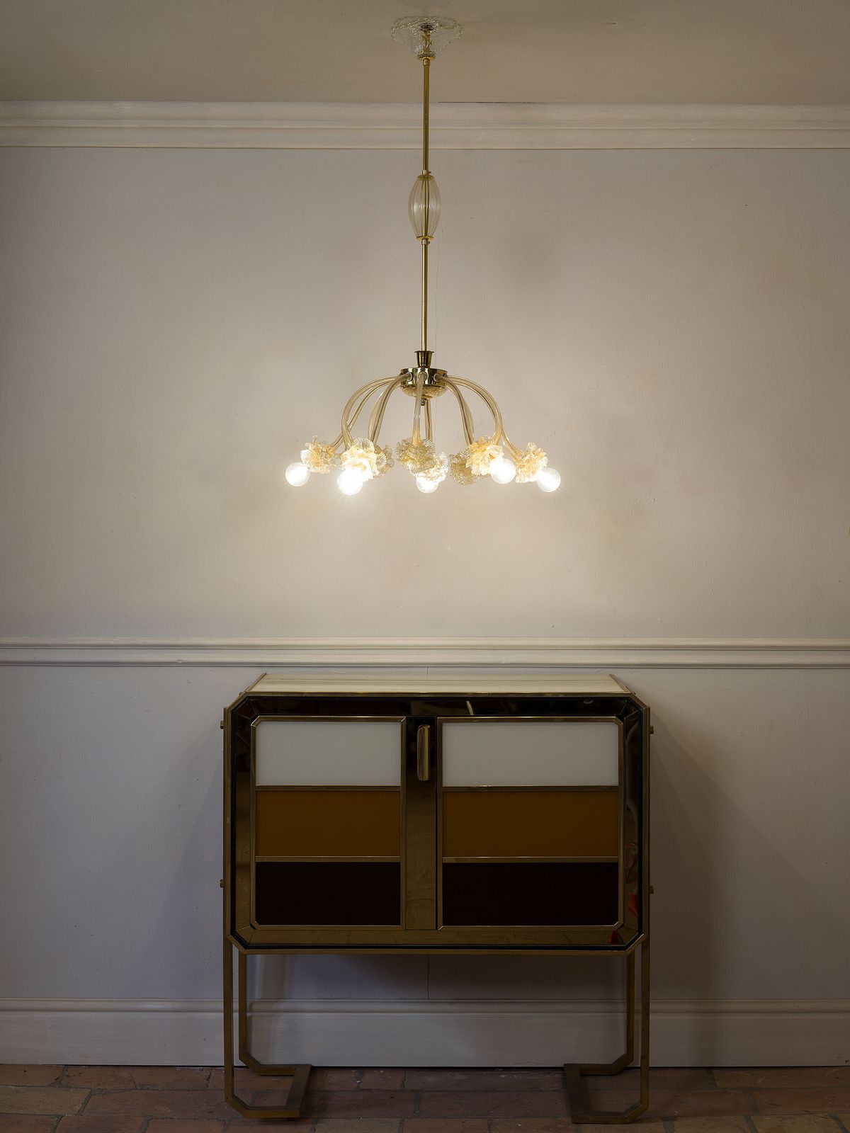 Vintage Chandelier In Clear Murano Blown Glass With Gold Dust, 5 Lights photo vinterior