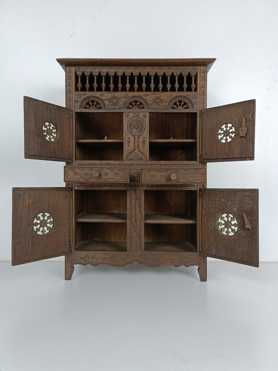 Small  French Breton  Cabinet Wood Antique 19th Century  Hand Carved Gorgeous Ra photo for sale