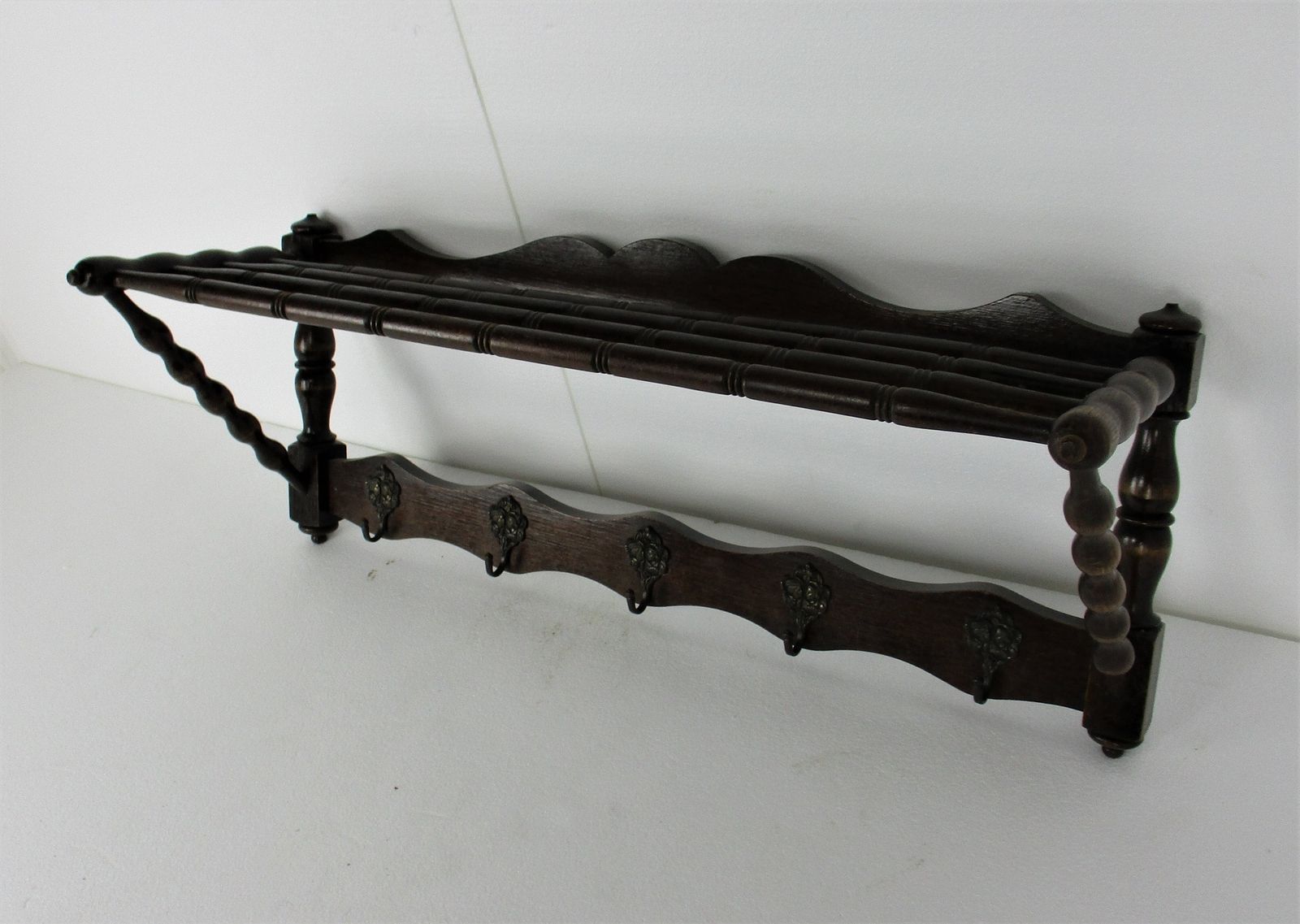 Hand Carved Wood  Wall Shelf Coat Hat Kitchen Rack Bobbin Pieces Edwardian Barn photo for sale