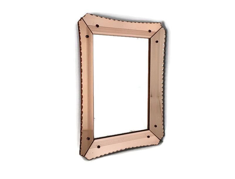 Art Deco Nouveau Wall Hanging Ornate Mirror Pink Clear Etched Glass Vanity Dress