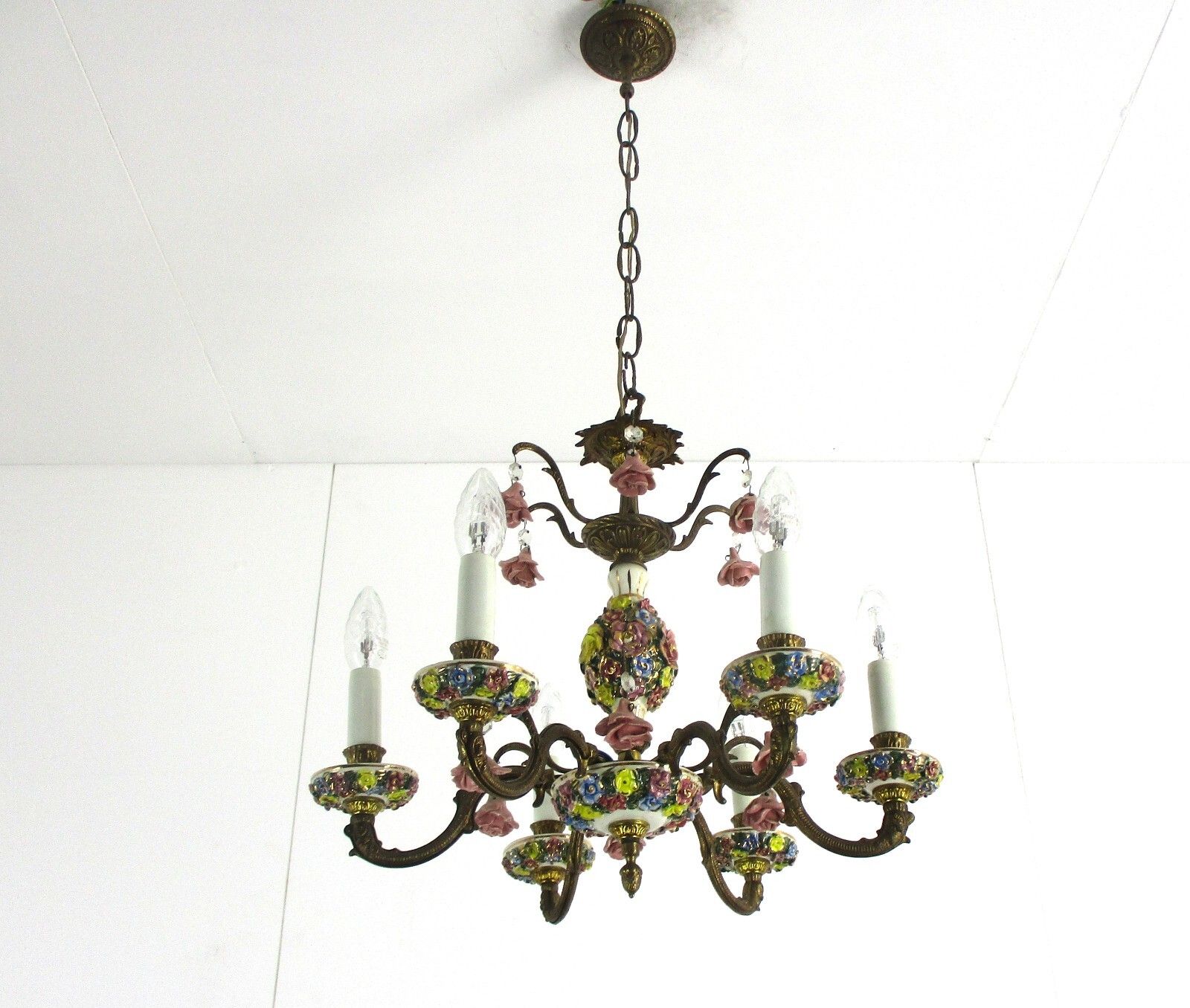 Italian Chandelier 6  Arm Lights Ornate Brass Porcelain Flowers Exquisite Wow photo for sale