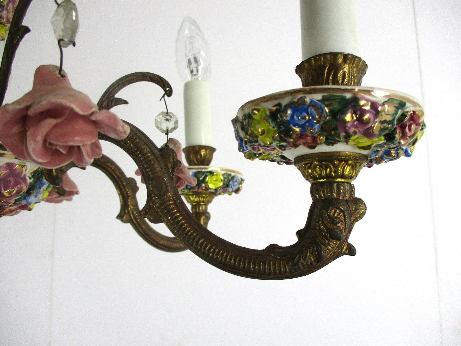 Italian Chandelier 6  Arm Lights Ornate Brass Porcelain Flowers Exquisite Wow photo vintage