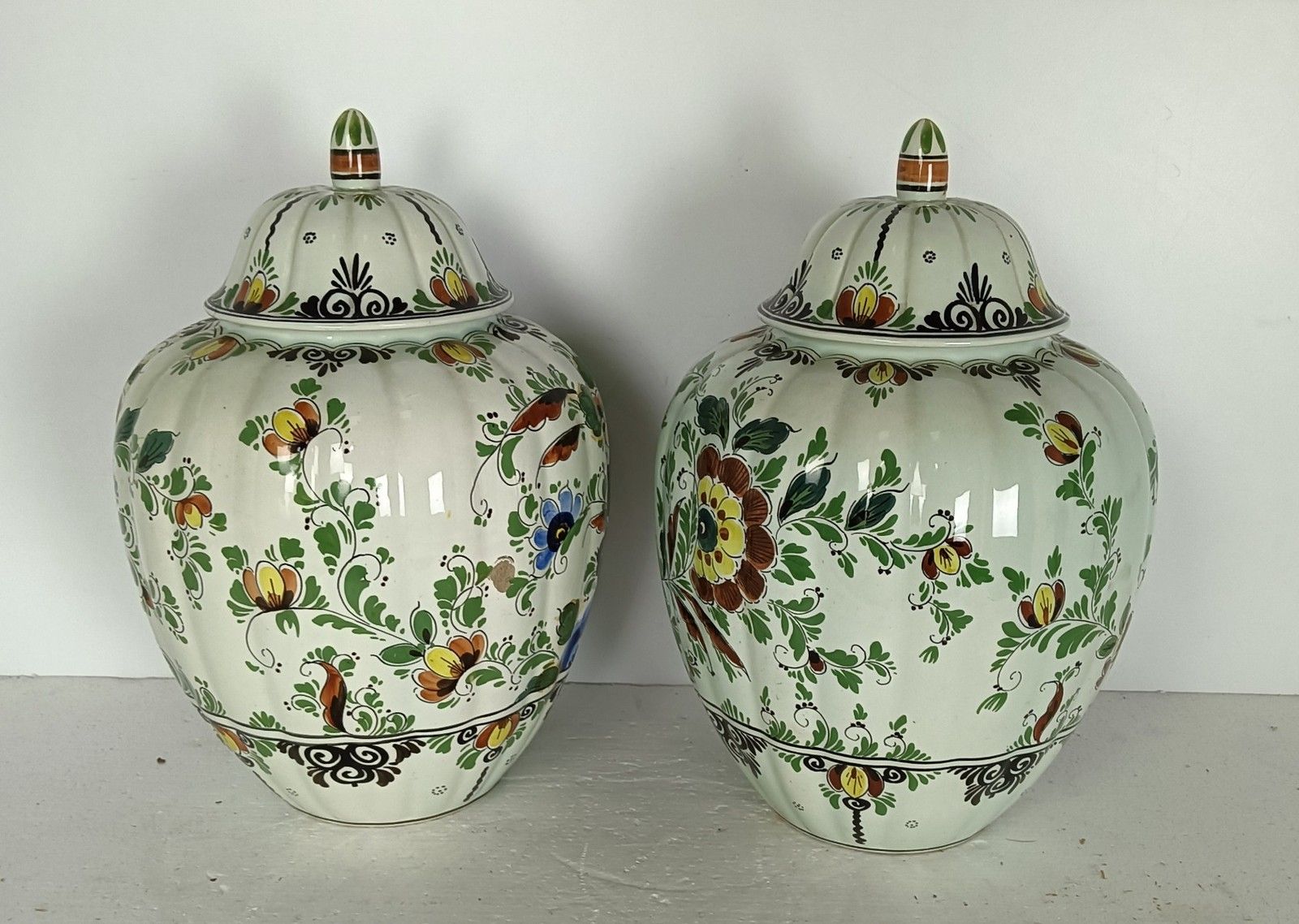 Couple Of Vases Urns Hand Painted Lidded Polychrome Delft Birds Marked photo Home Decor
