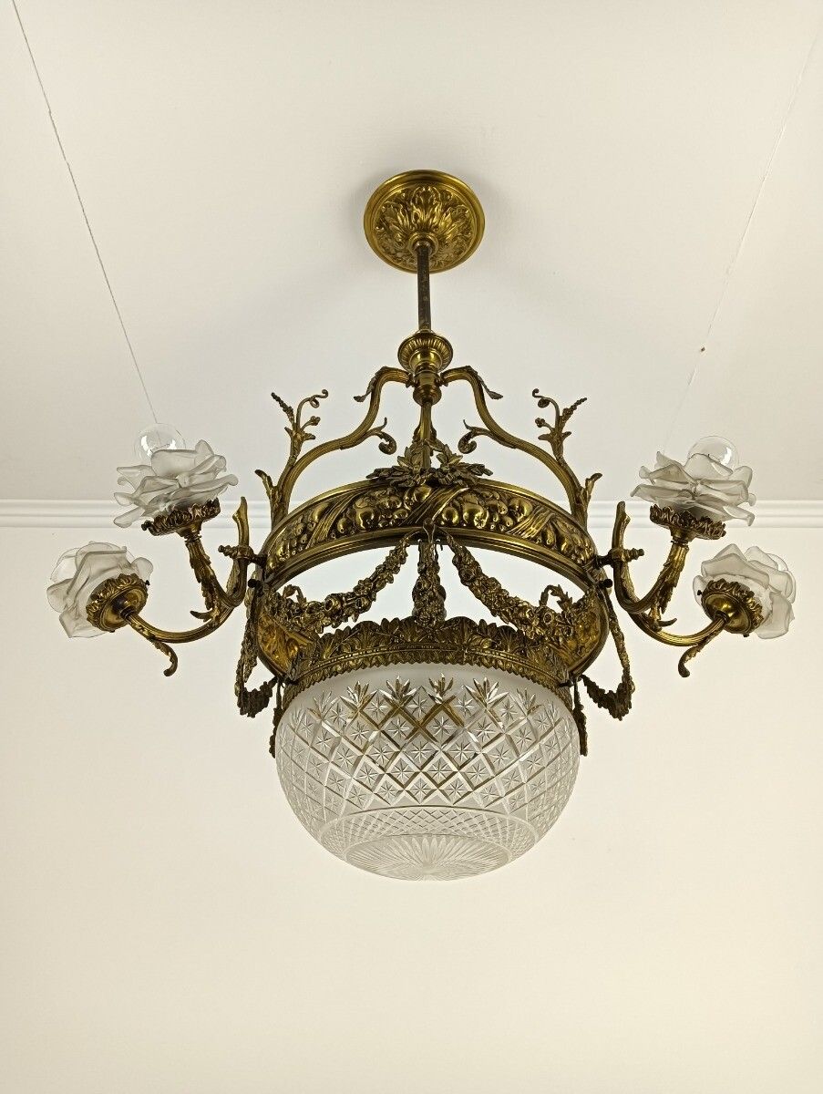 Art Deco Art Nouveau Chandelier Brass  Ornate Flower Shades Etched Glass 7 Light photo for sale