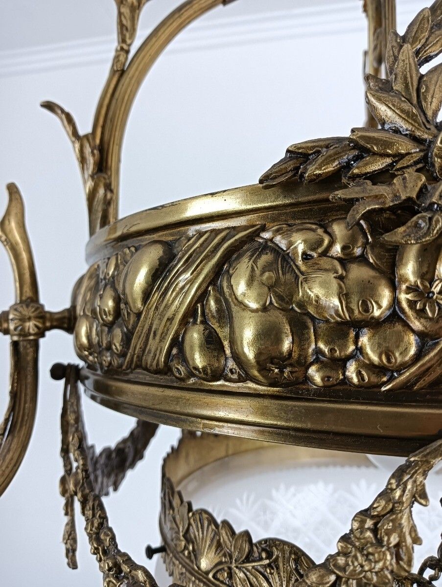 Art Deco Art Nouveau Chandelier Brass  Ornate Flower Shades Etched Glass 7 Light photo vintage