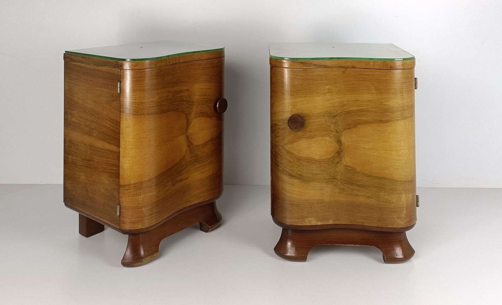Art Nouveau Deco Pair Nightstands Walnut Wood End Tables Cabinets Halabala Style photo furniture