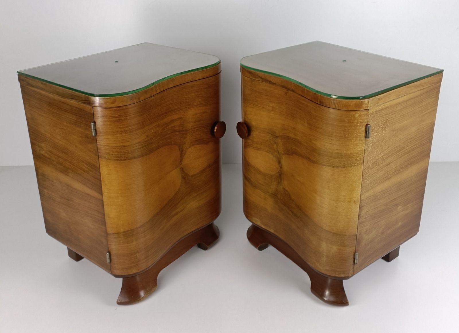 Art Nouveau Deco Pair Nightstands Walnut Wood End Tables Cabinets Halabala Style photo 1053.0