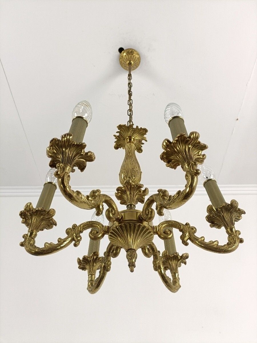 Vintage Brass French Chandelier Louis XV Style Ornate 6 Lights Hollywood Regency photo for sale