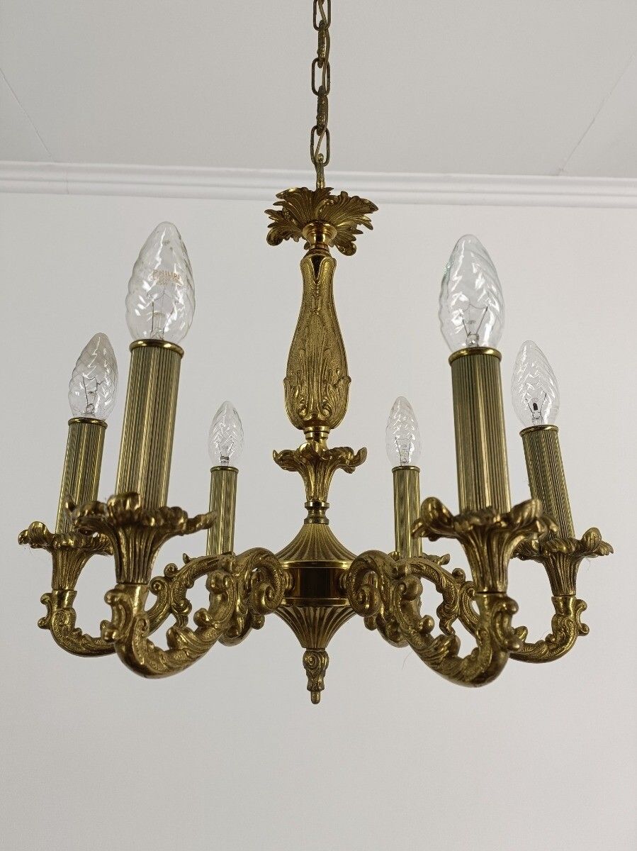 Vintage Brass French Chandelier Louis XV Style Ornate 6 Lights Hollywood Regency photo 324.0
